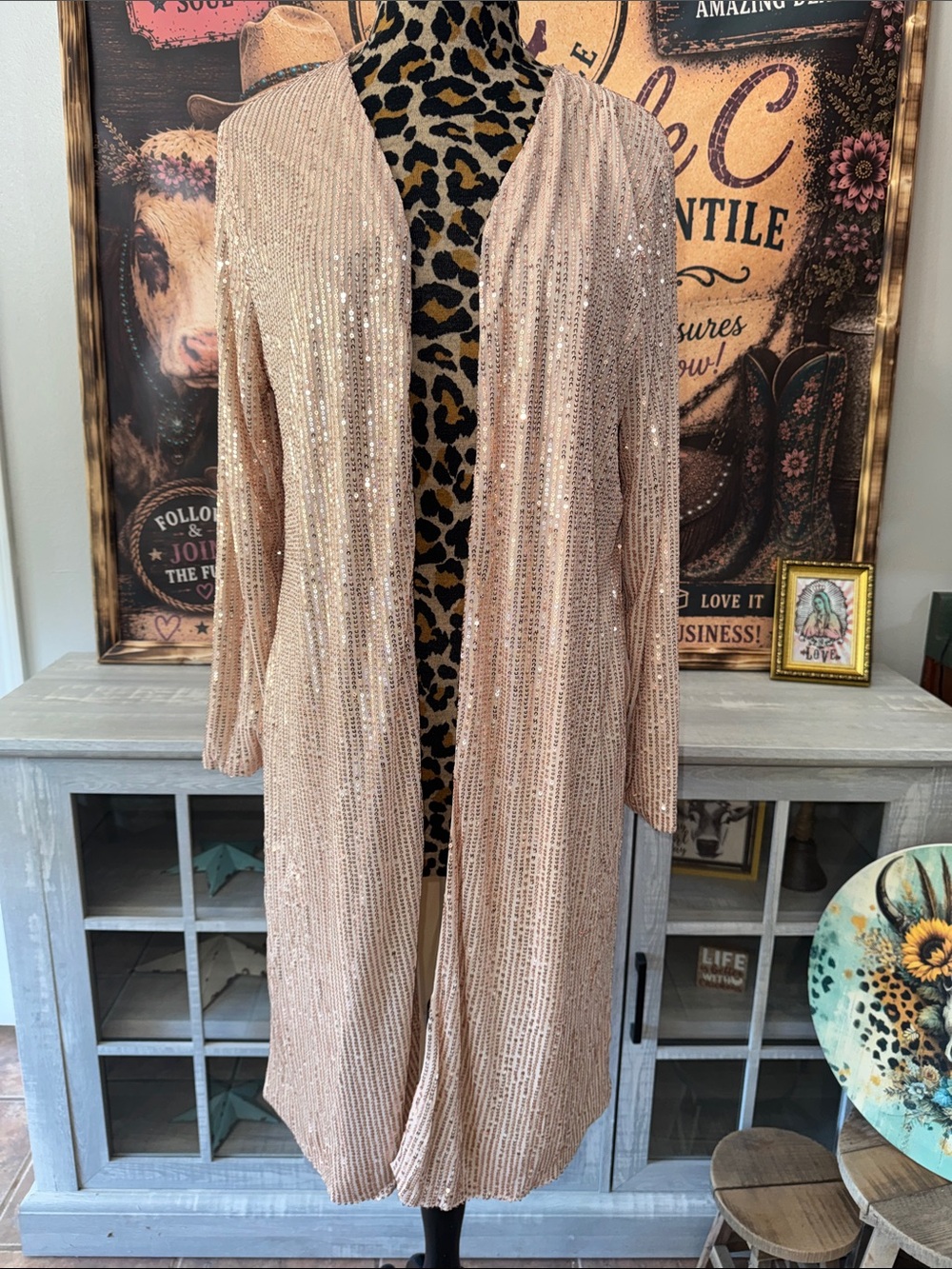 NWT ANGELA PLUS Women's Long Sequined Open-Front Duster- Blush/Taupe Size 1XL